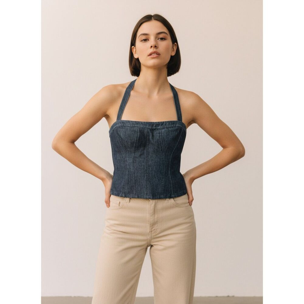 French Connection Denim Halter Corset Dark Wash Y2K Fitted Bustier XS